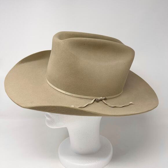 VTG Stetson 3X Beaver Long Oval Cowboy Hat Mens 7 1/8" Beige Tan Silver Hat Pin - Picture 1 of 13